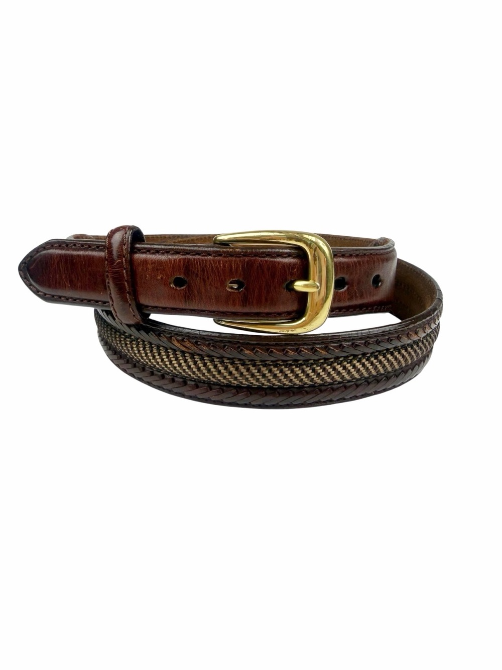 Woven Textile Center Brown Leather Belt Possibly Brighton Camden Size 36